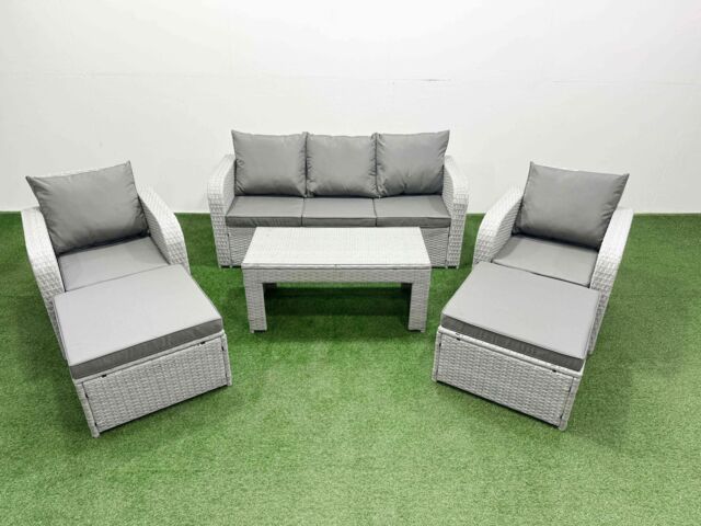 Fimous PE Rattan Garden Furniture Set Reclining Chair Sofa Lounge Sofa Set Rectangular Coffee Table 2 Big Footstool Light Grey - image 1