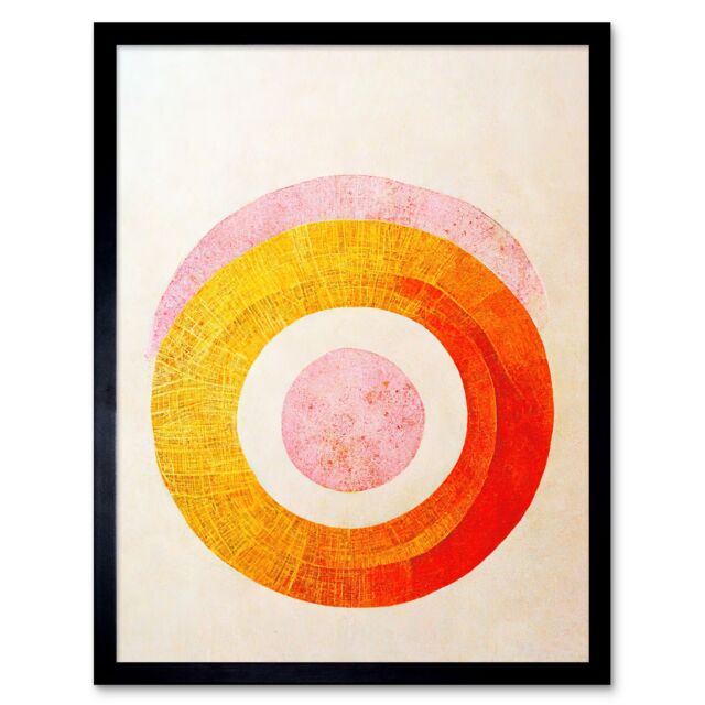 "Artery8 Wall Art Print Boho Abstract Line Painting Pastel Patterned Autumn Circles Of Pink, Yellow & Orange Art Framed in Black - Size: W12"" x H16""" - image 1