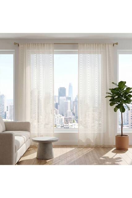 Living and Home 2 Panels Semi-sheer Lace Curtains with Tassels in Beige - Size: 100 cm width x 210 cm drop - image 1