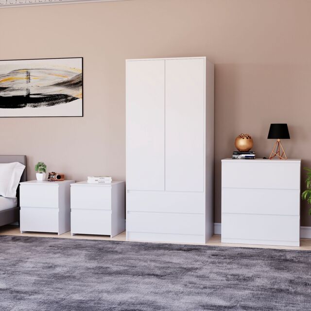 Home Discount Vida Designs Denver 4Pc Bedroom Set(2 Bedside, 3 Drawer Chest, Wardrobe) in White - image 1
