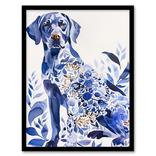 Artery8 Dog Lover Labrador With Ornate Floral Pattern Fur Framed Wall Art in Blue - Size: A4 - image 1