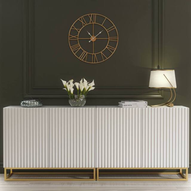 Mex Furniture LTD Set of 2 White Fluted Sideboards 200cm Gold Base - Double Storage Unit - image 1