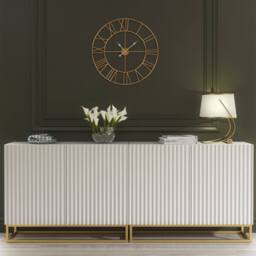 Mex Furniture LTD Set of 2 White Fluted Sideboards 200cm Gold Base - Double Storage Unit