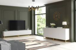 Mex Furniture LTD Set of 2 White Fluted Sideboards 200cm Gold Base - Double Storage Unit - thumbnail 9