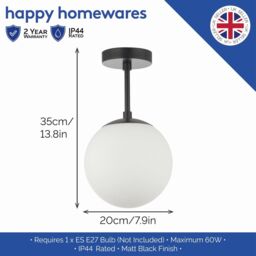 Happy Homewares Traditional Glass Globe IP44 Bathroom Ceiling Light Fixture in Black - thumbnail 4