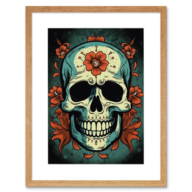 "Artery8 Wall Art Print Old School USA Tattoo Ink Body Art Flowers Skull Rockabilly Americana 50s Artwork Framed 9X7 Inch in Beige - Size: W7"" x H9""" - image 1