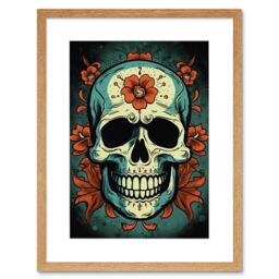 "Artery8 Wall Art Print Old School USA Tattoo Ink Body Art Flowers Skull Rockabilly Americana 50s Artwork Framed 9X7 Inch in Beige - Size: W7"" x H9""" - thumbnail 1