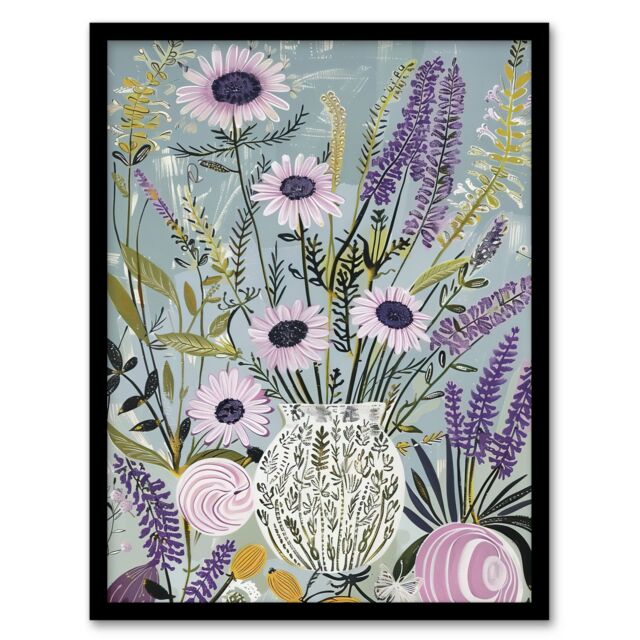 "Artery8 Lavender Wildflowers Bouquet in Vase Fun Rustic Framed Art Print in Blue - Size: W12"" x H16""" - image 1