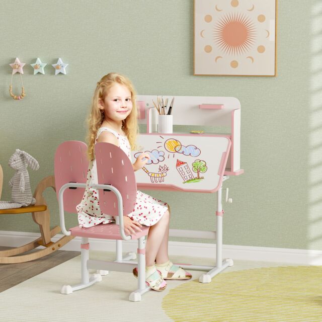AIYAPLAY Kids Desk & Chair Set w/ Tiltable Desktop, Reading Rack in Pink - image 1
