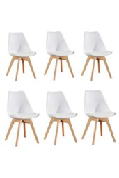 Life Interiors Set of 6 'Tulip Dining Chairs' Leather Padded Seat Solid Wood Legs in White