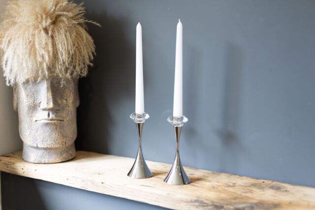 Silver Editions Designer Taper Candlesticks in Metallic Silver