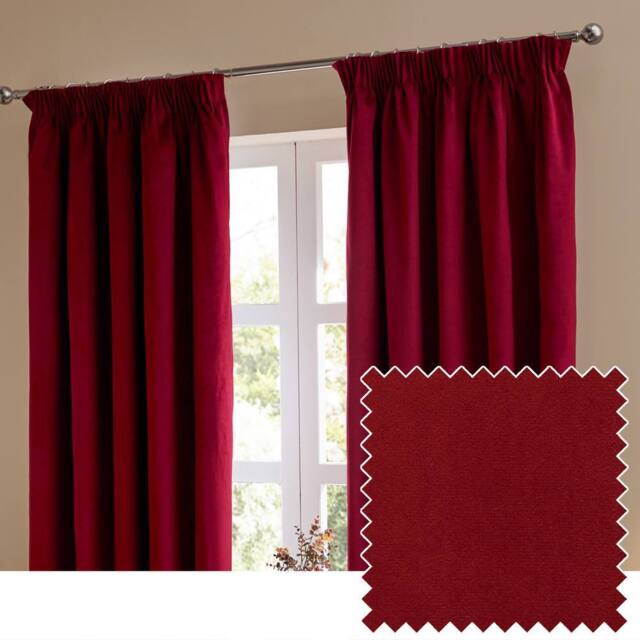 Furn The Ultimate Velvet 100% Blackout Pencil Pleat Curtain Pair in Burgundy - Size: 117 cm width x 183 cm drop - image 1
