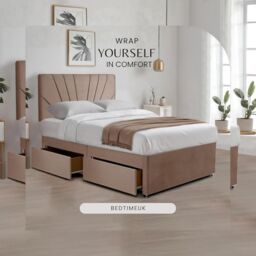 "Bed Time UK Plush Divan Bed with 20"" Sunrise Headboard, 2 Drawers & Mattress in Beige - Size: Single" - thumbnail 4