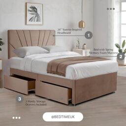 "Bed Time UK Plush Divan Bed with 20"" Sunrise Headboard, 2 Drawers & Mattress in Beige - Size: Single" - thumbnail 2