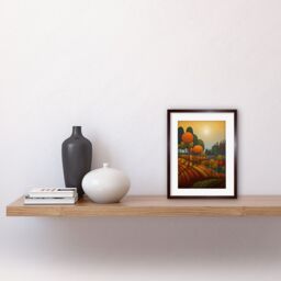 "Artery8 Wall Art Print Autumn Fields Pointillism Painting Amber Orange Green Countryside Landscape Artwork Framed 9X7 Inch in Brown - Size: W7"" x H9""" - thumbnail 2