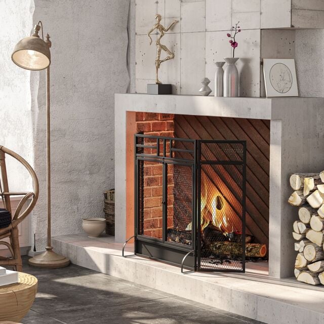 HOMCOM 3 Panel Folding Freestanding Fireplace Screen with Door Metal Mesh in Black - image 1