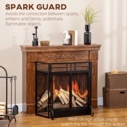 HOMCOM 3 Panel Folding Freestanding Fireplace Screen with Door Metal Mesh in Black - thumbnail 4