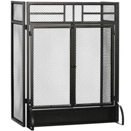 HOMCOM 3 Panel Folding Freestanding Fireplace Screen with Door Metal Mesh in Black - thumbnail 2