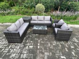 Fimous 8 Seater Outdoor Lounge Sofa Set Wicker PE Rattan Garden Furniture Set with 2 Armchair Oblong Coffee Table Side Table Dark Grey Mixed - thumbnail 2