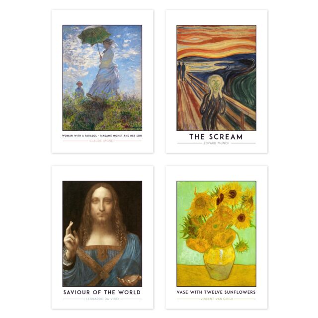 Artery8 Wall Art Print Classic Paintings Monet Woman Parasol Munch Scream Da Vinci Jesus Saviour World Salvator Mundi Van Gogh Twelve Sunflowers A4 - image 1