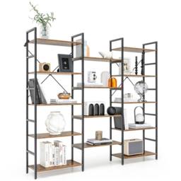Costway 5-tier Industrial Lsdder Bookshelf Floor Standing Bookcase Display Shelf in Brown - thumbnail 1