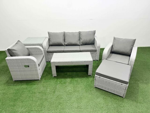 Fimous PE Rattan Garden Furniture Set Reclining Chair Sofa Lounge Sofa Set Rectangular Coffee Table Side Table Big Footstool Light Grey - image 1