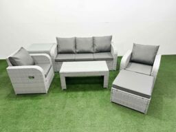 Fimous PE Rattan Garden Furniture Set Reclining Chair Sofa Lounge Sofa Set Rectangular Coffee Table Side Table Big Footstool Light Grey - thumbnail 2