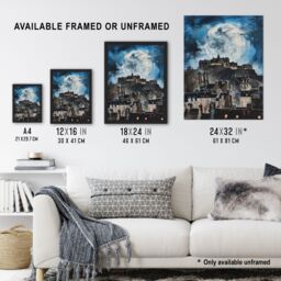 "Artery8 Full Moon Night Edinburgh Castle Conceptual Art Framed Wall Art in Blue - Size: W12"" x H16""" - thumbnail 3