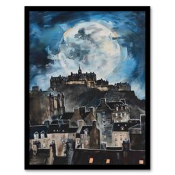 "Artery8 Full Moon Night Edinburgh Castle Conceptual Art Framed Wall Art in Blue - Size: W12"" x H16""" - thumbnail 1