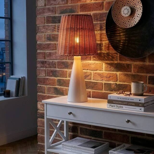 Wyld and Coco White Ceramic Table Lamp with Natural Rattan Shade - image 1