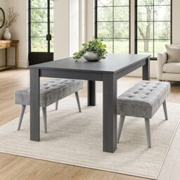 KOSY KOALA Modern Dark Grey Dining Table Set with 2 Grey Velvet Benches Stylish Dining Room Furniture in Brown - thumbnail 1