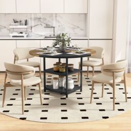 Costway Round Wooden Kitchen Table Dining Table w/ Storage Shlef - thumbnail 5