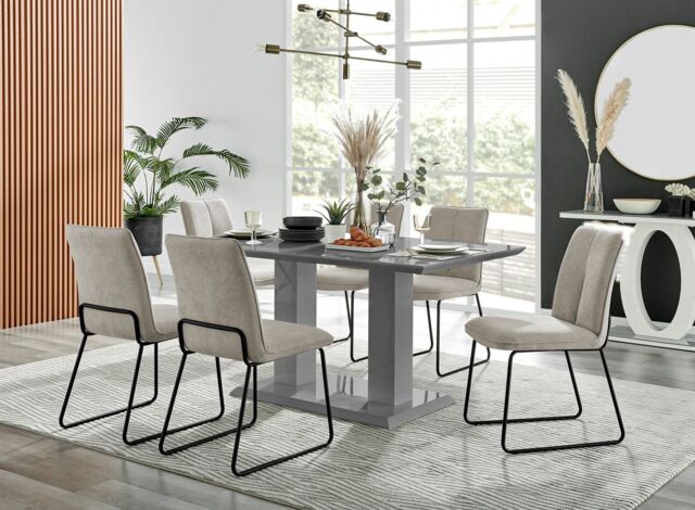 FurnitureboxUK Imperia High Gloss Grey Dining Table & 6 Halleyy Chairs in Taupe - image 1
