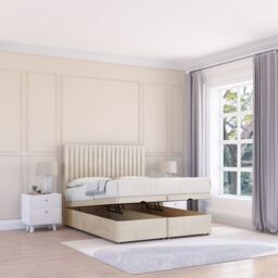 Sloomy Manhattan Plush Fabric Ottoman Bed End Opening With Sprung Memory Mattress & 26 Inch strut Headboard in Cream - Size: Double - thumbnail 1