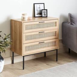 Wyld and Coco Boho Rattan 3-Drawer Chest Black Frame in Brown