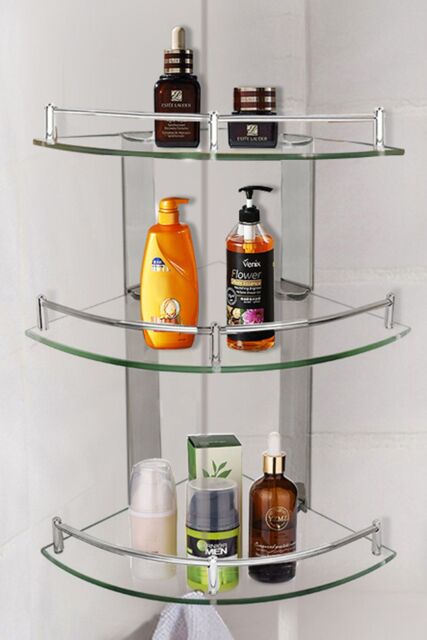 Living and Home 3 Tiers Tempered Glass Corner Shelf with Steel Bathroom Rail Wall Mounted in Silver - image 1