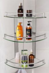 Living and Home 3 Tiers Tempered Glass Corner Shelf with Steel Bathroom Rail Wall Mounted in Silver - thumbnail 1