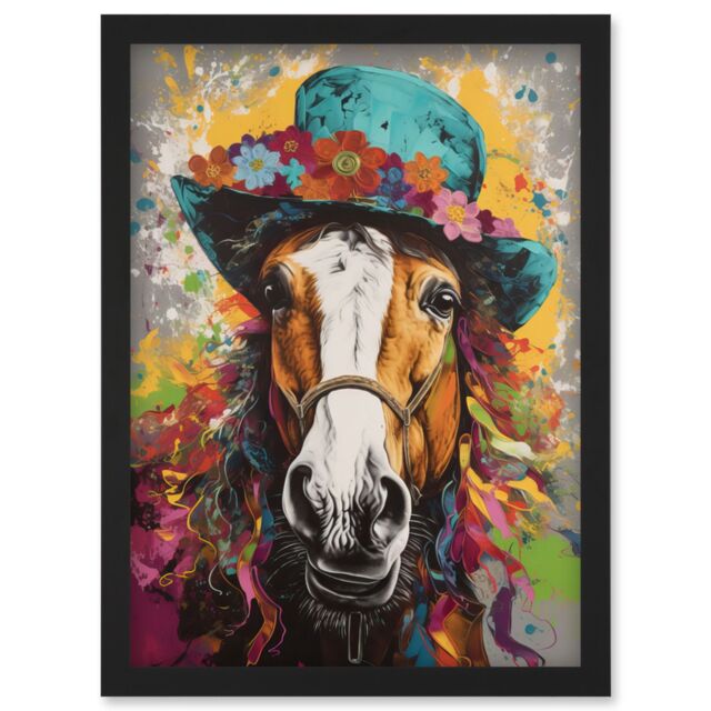 Artery8 Horse Wearing a Flower Summer Hat Multicoloured Artwork Framed Wall Art Print A4 in Black - image 1