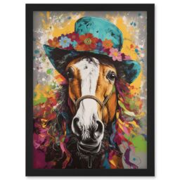 Artery8 Horse Wearing a Flower Summer Hat Multicoloured Artwork Framed Wall Art Print A4 in Black - thumbnail 1