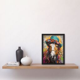 Artery8 Horse Wearing a Flower Summer Hat Multicoloured Artwork Framed Wall Art Print A4 in Black - thumbnail 2