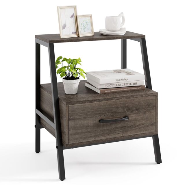 Gymax 3-Tier Bedside Table Nightstand With Drawer & Open Shelf-Grey Oak in Grey - image 1
