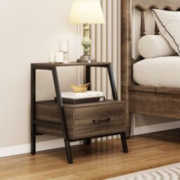 Gymax 3-Tier Bedside Table Nightstand With Drawer & Open Shelf-Grey Oak in Grey - thumbnail 3