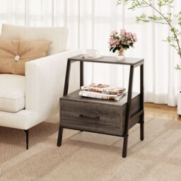 Gymax 3-Tier Bedside Table Nightstand With Drawer & Open Shelf-Grey Oak in Grey - thumbnail 8