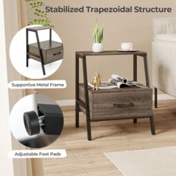 Gymax 3-Tier Bedside Table Nightstand With Drawer & Open Shelf-Grey Oak in Grey - thumbnail 5