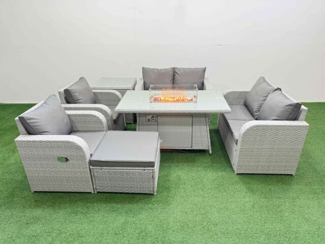 Fimous 7 Seater Outdoor Reclining Chair Love Sofa Set Rattan Garden Furniture Set with Firepit Dining Table Footstool Side Table Light Grey - image 1