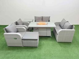 Fimous 7 Seater Outdoor Reclining Chair Love Sofa Set Rattan Garden Furniture Set with Firepit Dining Table Footstool Side Table Light Grey - thumbnail 1
