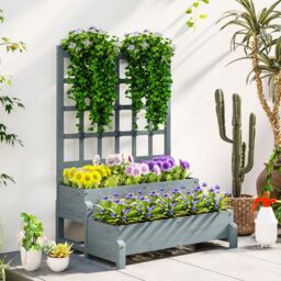 OUTSUNNY 2-Tier Wooden Raised Bed with Trellis & Drainage Holes, Grey - thumbnail 1