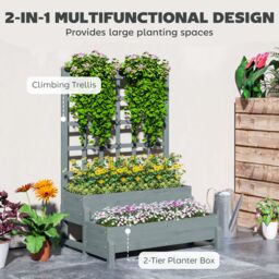 OUTSUNNY 2-Tier Wooden Raised Bed with Trellis & Drainage Holes, Grey - thumbnail 4