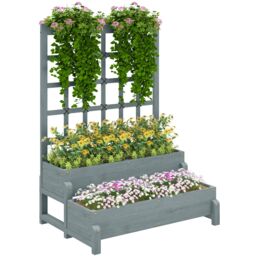 OUTSUNNY 2-Tier Wooden Raised Bed with Trellis & Drainage Holes, Grey - thumbnail 2