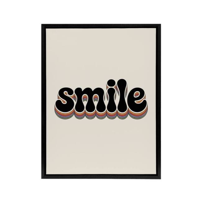 "Artery8 Smile Colourful Retro Rainbow Font Typography Framed Canvas Art Print in Beige - Size: W12"" x H16""" - image 1